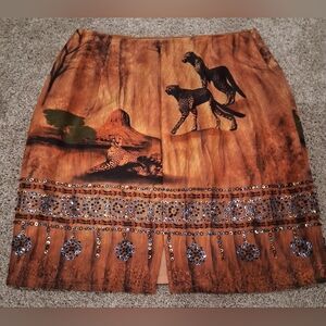 Vintage Silk Club 100% Silk Skirt Wild Animals Beading Sequins Size 10P
